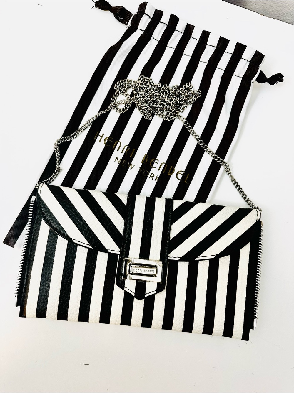Henri Bendel Black and White Striped Crossbody Wallet with Chain
